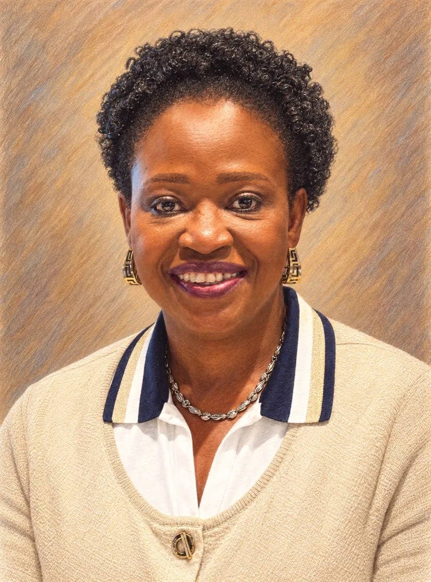 Color-pencil portrait of Abbey Sunmonu, smiling, in a cream cardigan over a collared blouse.