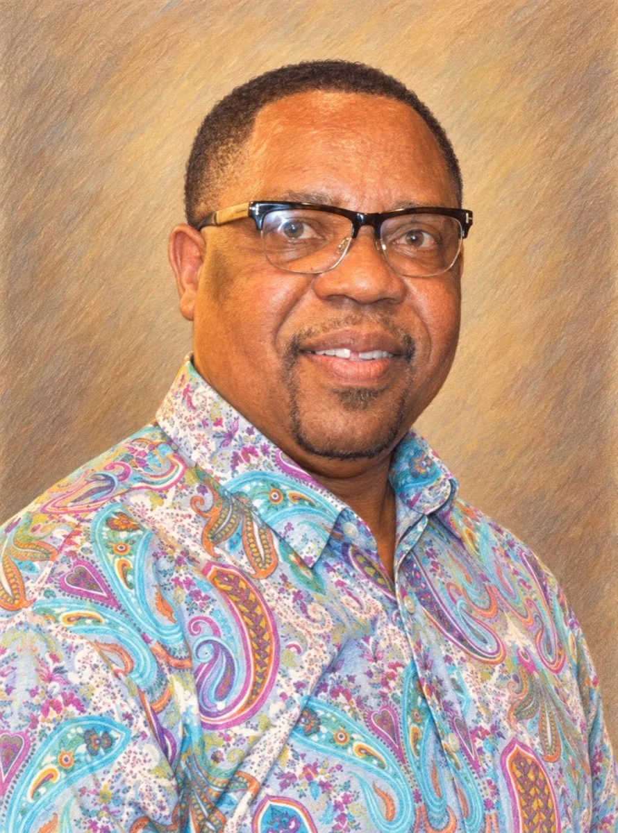 Color-pencil portrait of Ade Otenaike, smiling, in glasses and a patterned shirt.